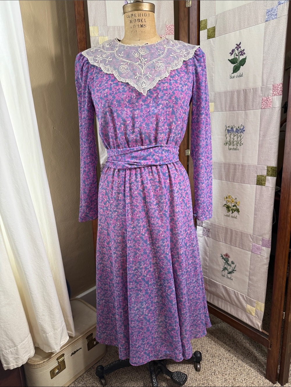 Vintage 1980s JT Dress Floral Prairie Dress Embroidered Collar Sash Size 10